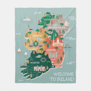 Travel Map of Ireland   Landmarks & Cities Fleece Blanket