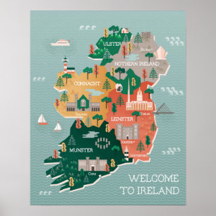 Travel Map of Ireland   Landmarks & Cities Poster