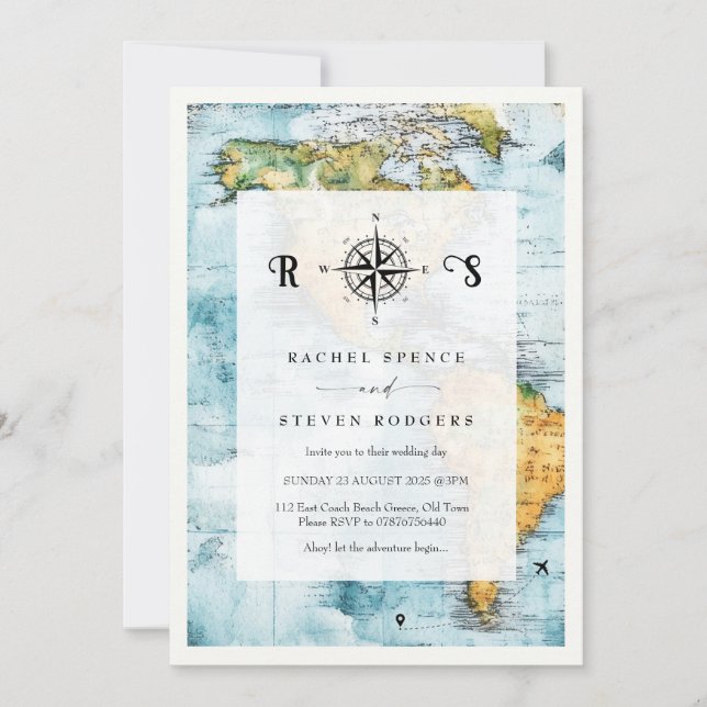 Travel map pirate theme wedding invitation (Front)