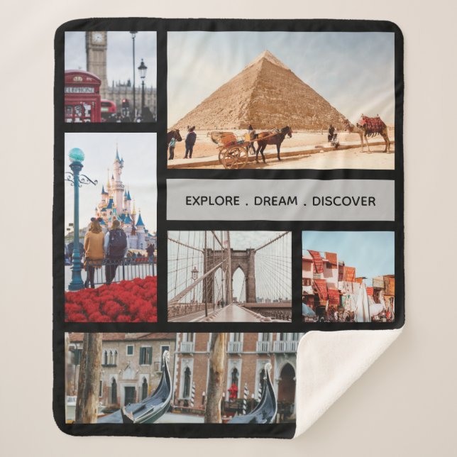 Travel Memories Photo Keepsake Black Grey Sherpa Blanket (Front)