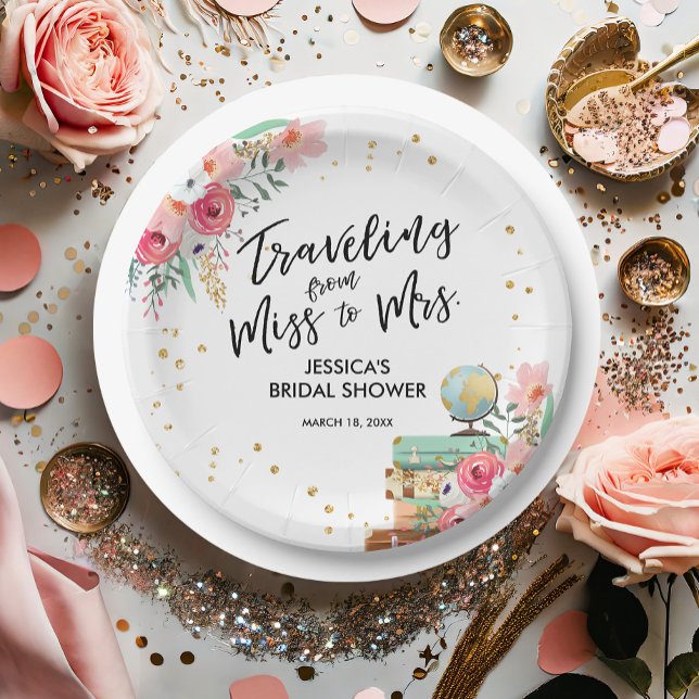 Travel Miss to Mrs Pink Floral Bridal Shower Paper Plate (Creator Uploaded)