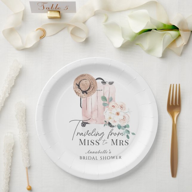 Travel Miss to Mrs Pink Suitcase Bridal Shower Paper Plate (Wedding)