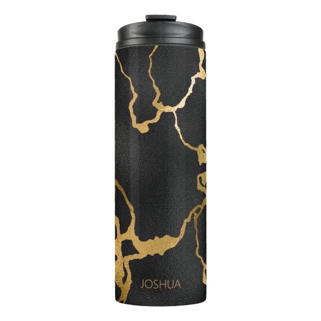 Travel Mug Black Gold Marble Name Thermal Tumbler (Front)