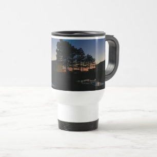 Travel mug with beautiful  sunset photo with pines