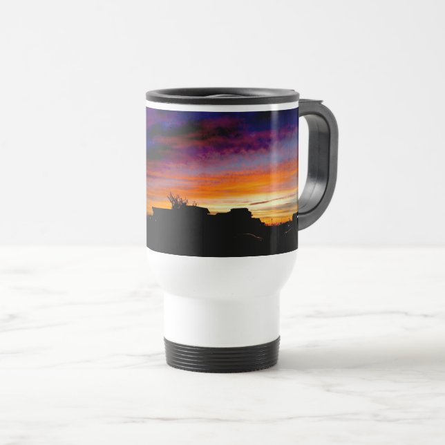 Travel mug with handle and Sunset photograph  (Front Right)