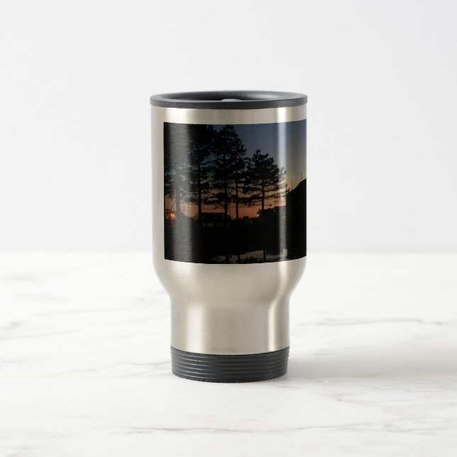 Travel mug with handle sunset photo with pines (Center)