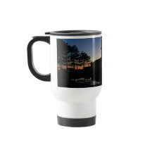 Travel mug with handle sunset photo with pines