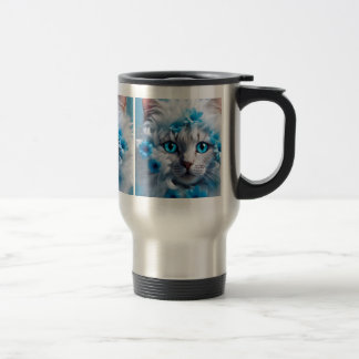 Travel mug with white Cat blue eyes design