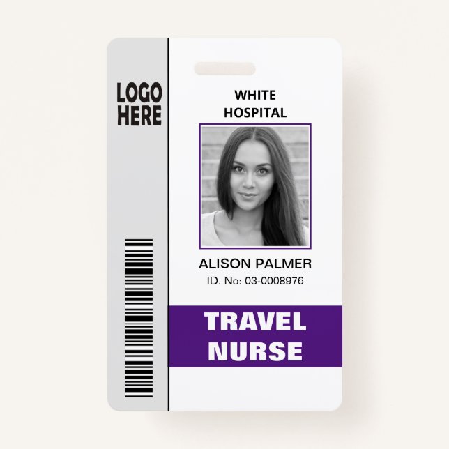 Travel nurse logo photo ID template purple ID Badge (Front)