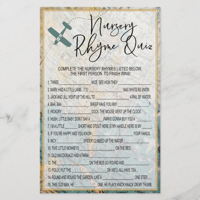Travel Nursery Rhyme Quiz Baby Shower Game (Front)