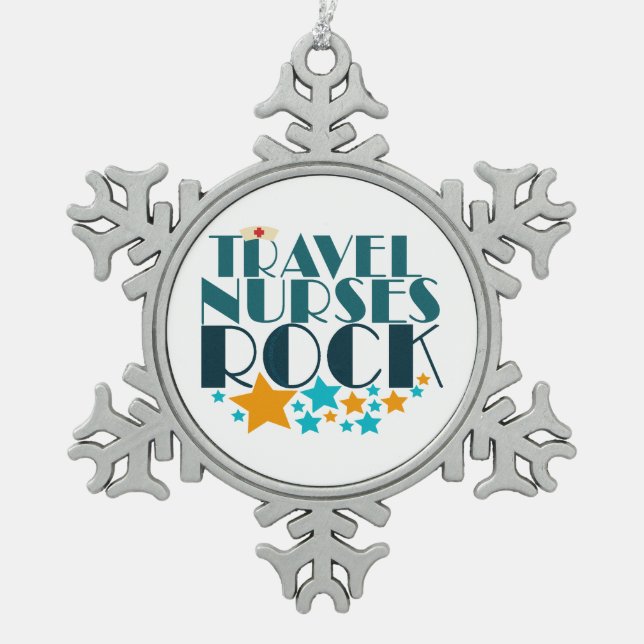 Travel Nurses Rock Snowflake Pewter Christmas Ornament (Front)