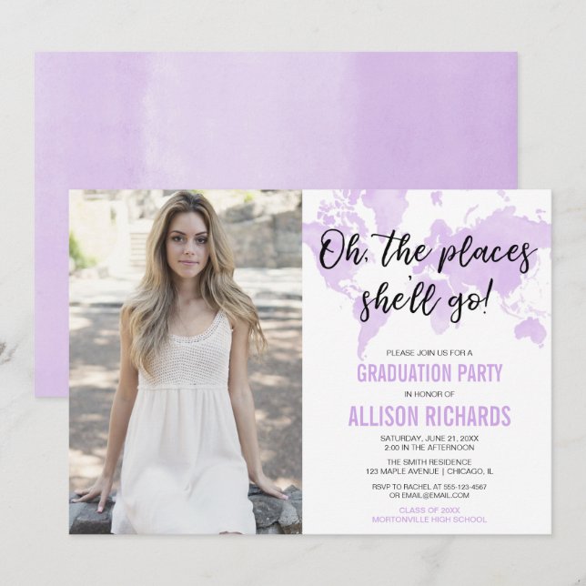 Travel oh the places she'll go graduation photo invitation (Front/Back)
