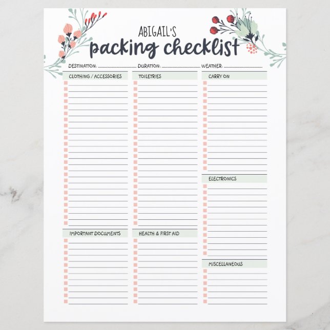 Travel Packing List Floral (Front)