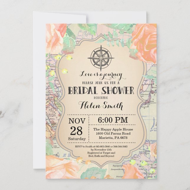 Travel Peach Floral Bridal Shower Invitation (Front)
