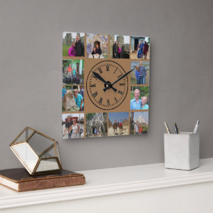 Travel Photos Collage Brown Square Wall Clock