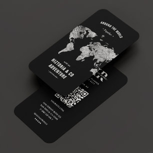 Travel Planner Tour Guide Black Silver World Map Business Card