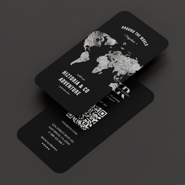 Travel Planner Tour Guide Black Silver World Map Business Card (Travel Planner Tour Guide Black Silver World Map Business Card
)
