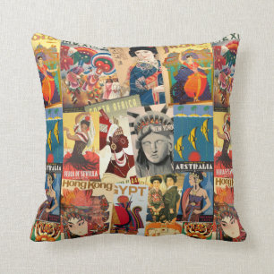 Travel poster collage for travellers cushion