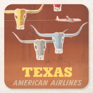 Travel Poster For American Airlines To Texas Square Paper Coaster