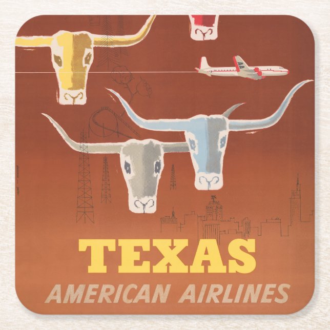 Travel Poster For American Airlines To Texas Square Paper Coaster (Front)