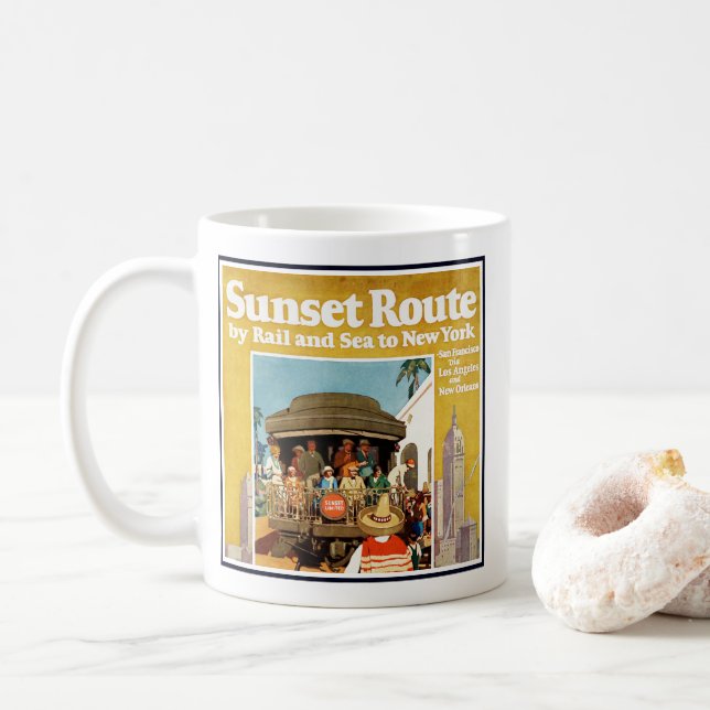 Travel Poster For The Sunset Route By Rail And Sea Coffee Mug (With Donut)