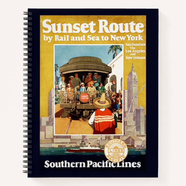 Travel Poster For The Sunset Route By Rail And Sea Notebook (Front)