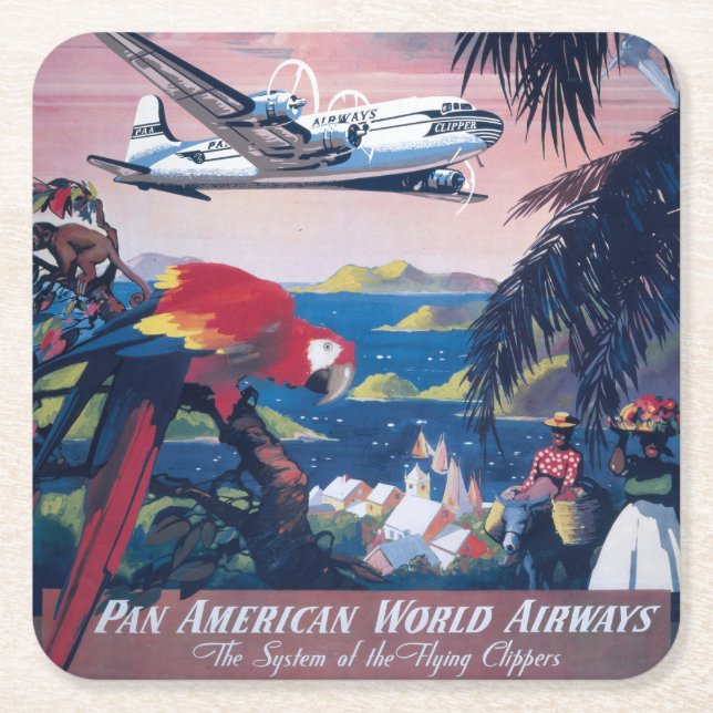Travel Poster Of Seaplane Flying Over Caribbean Square Paper Coaster (Front)