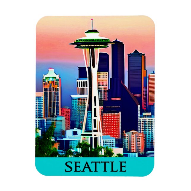 Travel Poster of Seattle under a Dawn Sky Magnet (Vertical)