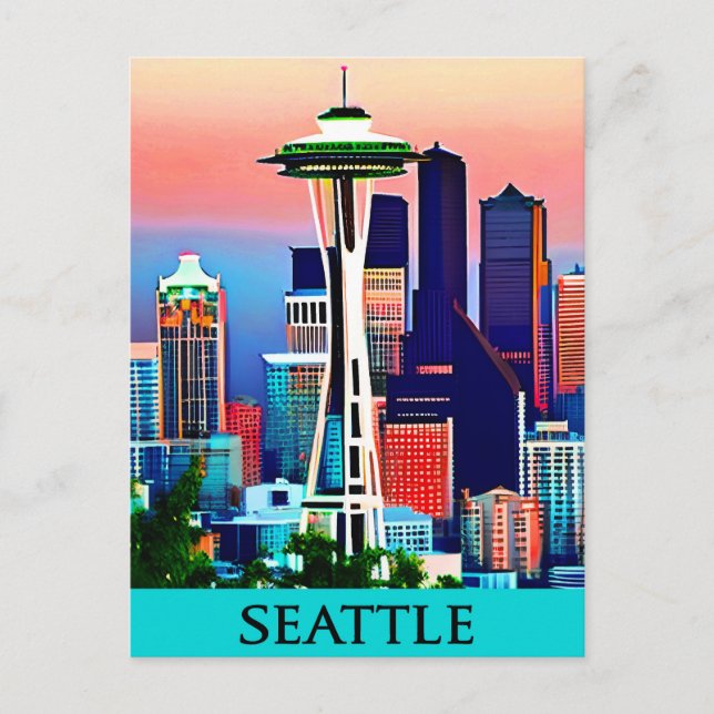 Travel Poster of Seattle under a Dawn Sky Postcard (Front)