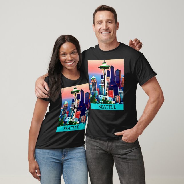 Travel Poster of Seattle under a Dawn Sky T-Shirt (Unisex)