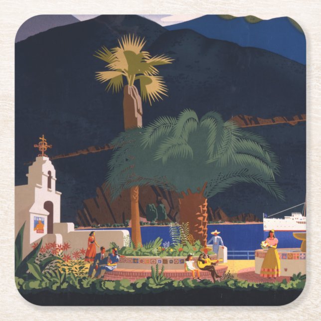 Travel Poster - Santa Catalina Island, California Square Paper Coaster (Front)