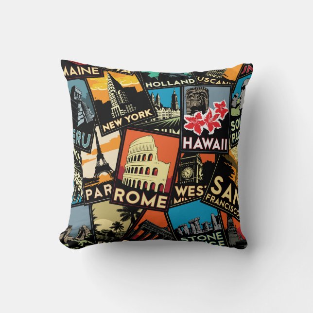 Travel posters retro vintage europe asia usa cushion (Front)