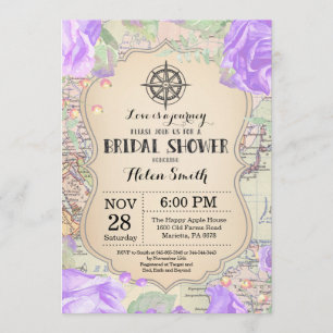Travel Purple Floral Bridal Shower Invitation