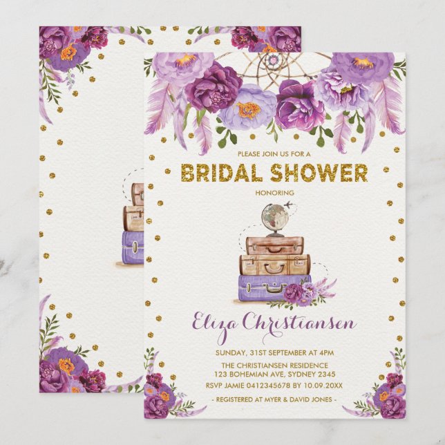 Travel Purple Floral Dreamcatcher Bridal Shower Invitation (Front/Back)
