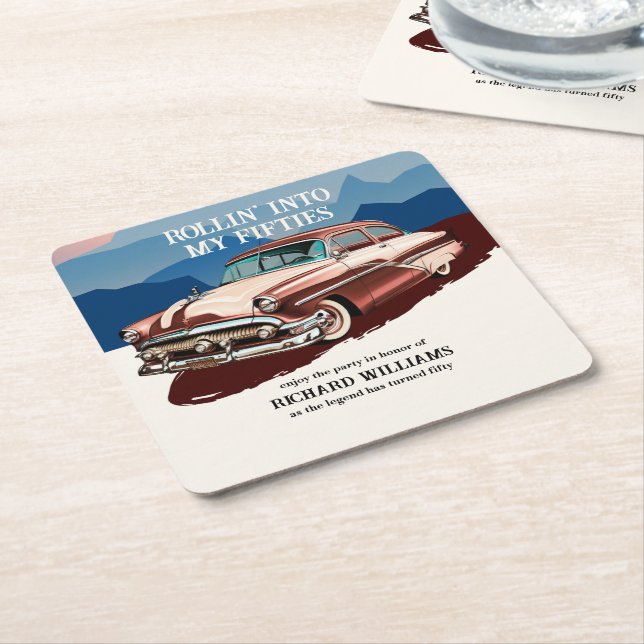 Travel Retro Classic Car Theme 50th Birthday Square Paper Coaster (Angled)