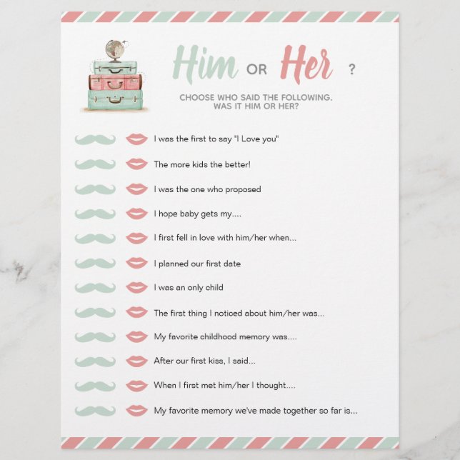 Travel Shower Theme Baby Bridal Him or Her Game (Front)