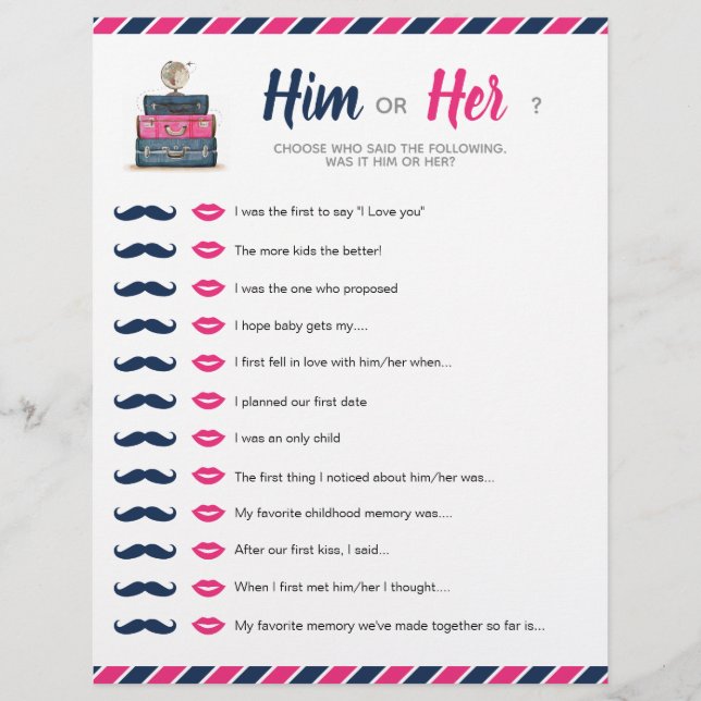 Travel Shower Theme Baby Bridal Him or Her Game (Front)