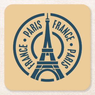 Travel Stamp, Paris France Square Paper Coaster