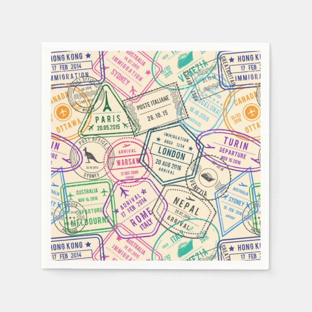 Travel Stamps Birthday Party Napkin (Front)