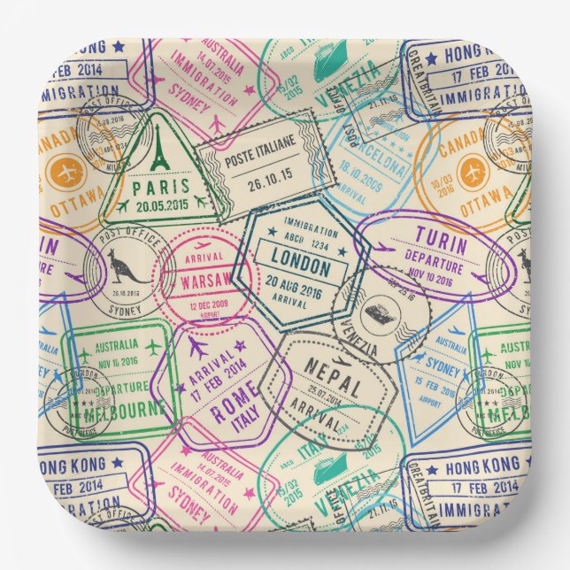 Travel Stamps Birthday Party Paper Plate (Front)
