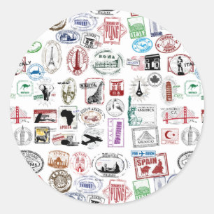 Travel Stamps Pattern Classic Round Sticker