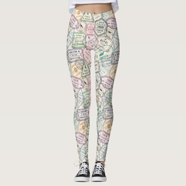 Travel Stamps Pattern Leggings (Front)