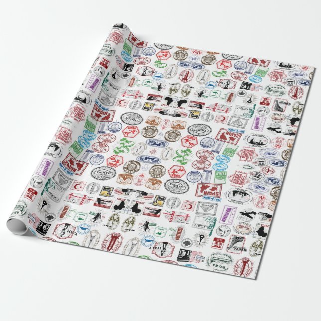 Travel Stamps Pattern Wrapping Paper (Unrolled)