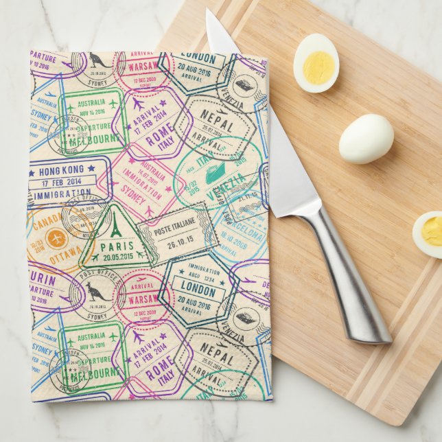 Travel Stamps Tea Towel (Quarter Fold)