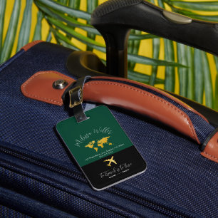 Travel Tag with Gold Map and Plane dark-green