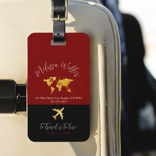 Travel Tag with Gold Map and Plane dark-red