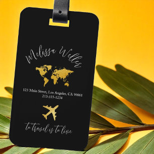 Travel Tag with Gold Map and Plane on Black