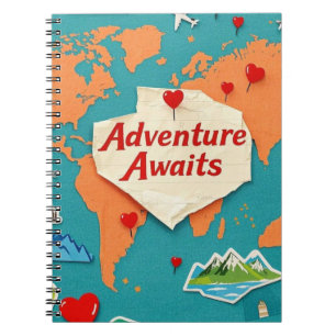 Travel the world map with heart pins notebook