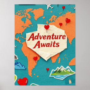 Travel the world map with heart pins poster