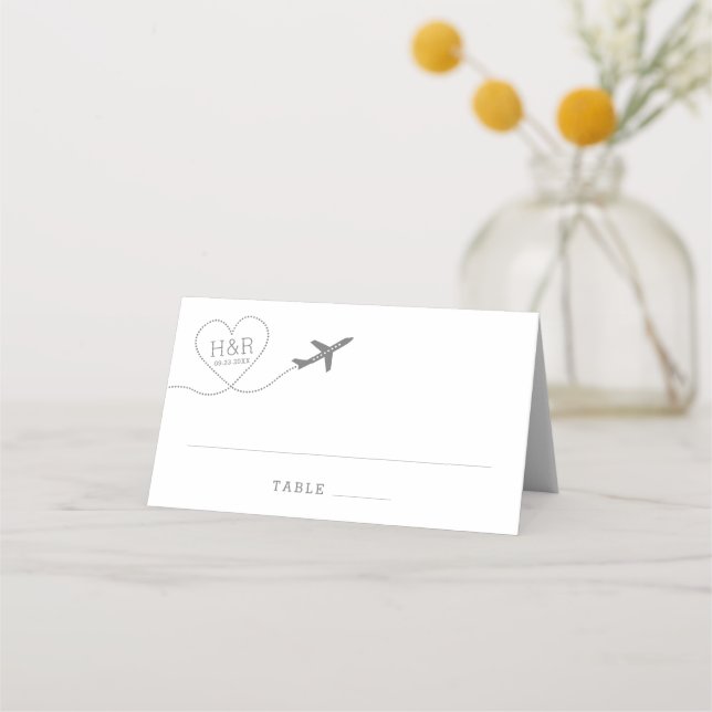 Travel Theme Aeroplane Heart Monogram Place Card (Front)
